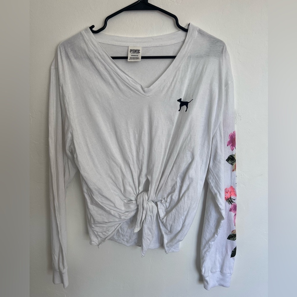 Small Pink Victoria Secret White V-Neck Front Tie Floral Sleeve Long Sleeve